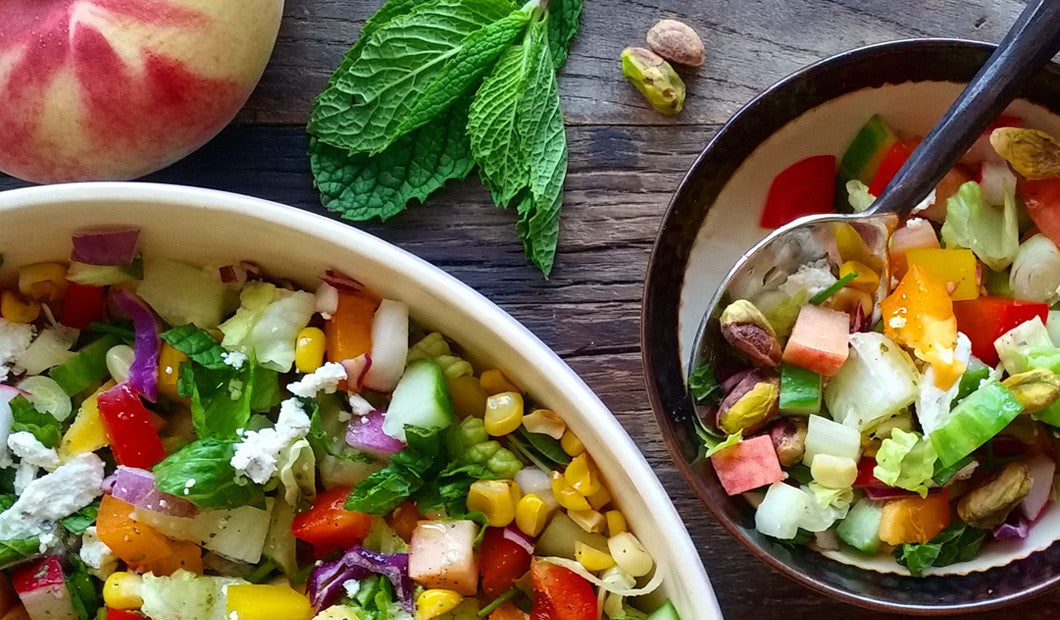 Recipe: Local Summery Peach & Arugula Salad with Radishes, Pistachio Mint and Feta